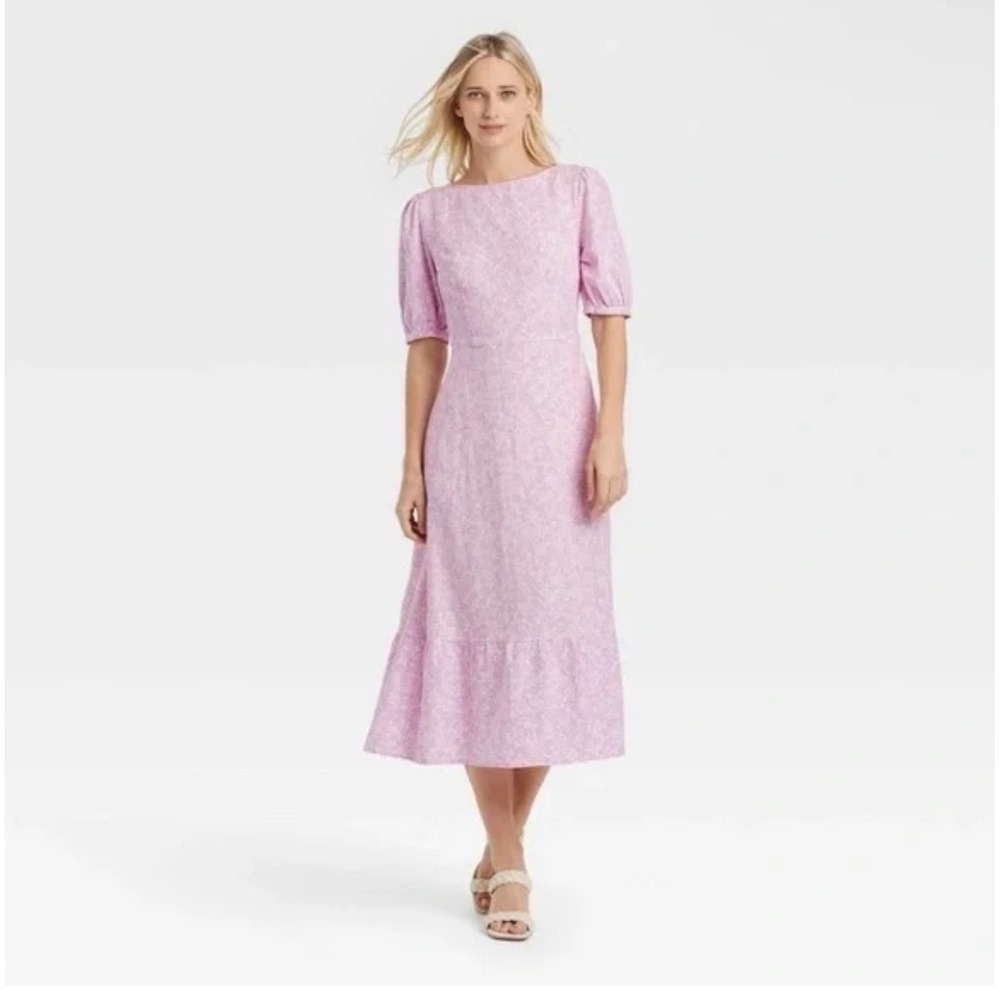 WhoWhatWear Puff Sleeve Midi Dress Floral Cutout Back Tie Midi Dress Size L